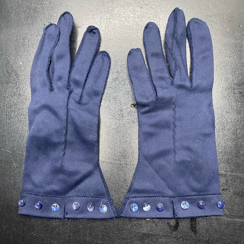 Vintage Navy Blue 8” wrist-length formal gloves with decorative buttons